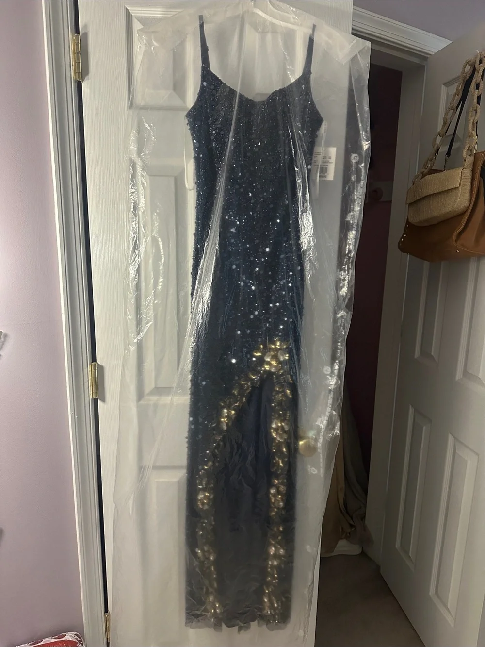 Navy Sequin Beaded Maxi Dress with Gold Slit Accent - Picture 1 of 6